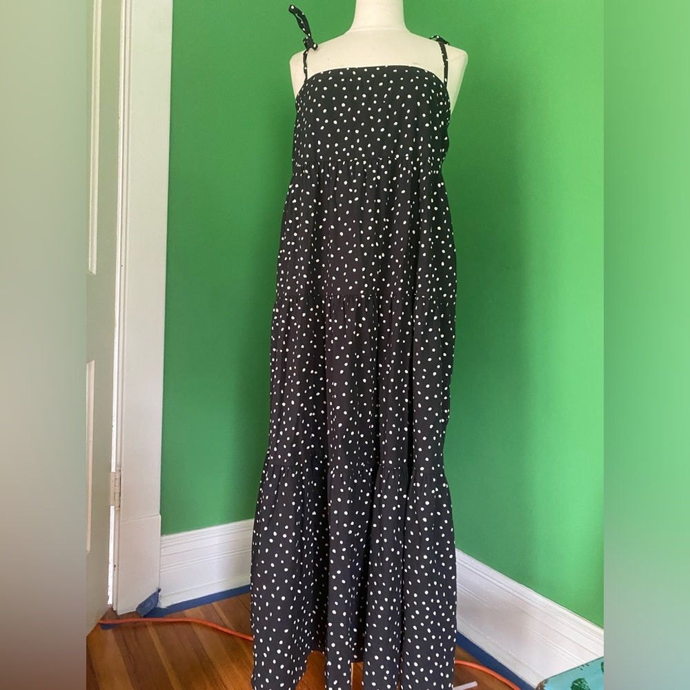 POSSE Black Polka Dot Maxi tiered dress with tie straps